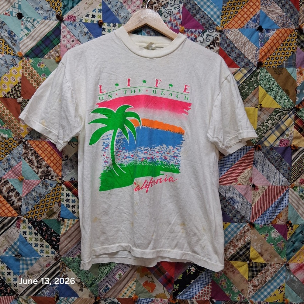 Vintage 80s California Life On The Beach T Shirt Neon White Hanks Super T M